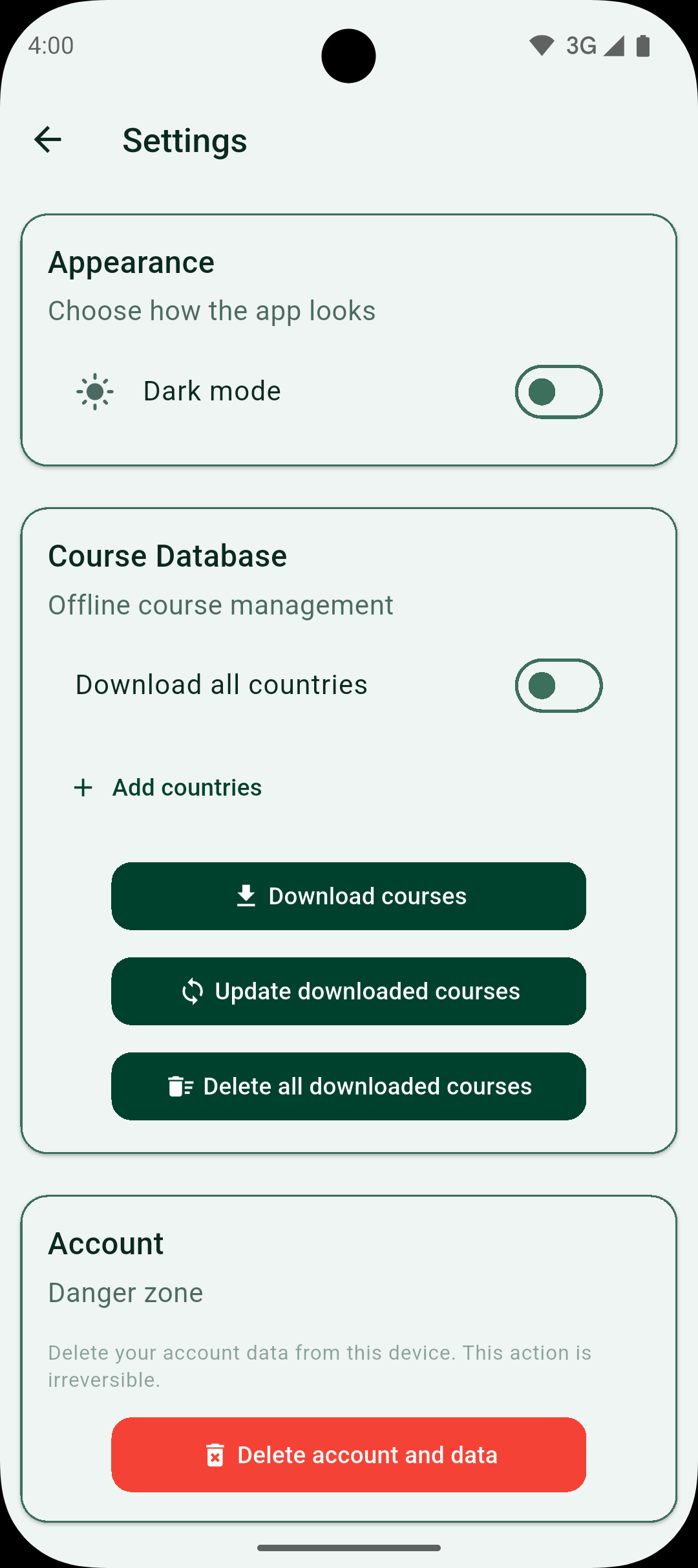 App settings screen showing the Delete Account button
